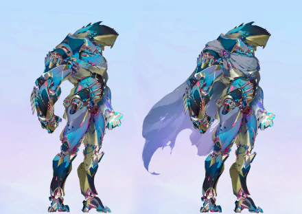 HD desktop wallpaper featuring artistic rendering of colorful mech robots on a pastel background.