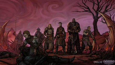 Pathfinder: Wrath of the Righteous HD desktop wallpaper featuring an illustrated group of fantasy characters ready for battle in a dark, mystical landscape.
