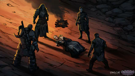 Pathfinder: Wrath of the Righteous HD wallpaper featuring character group in a dramatic scene.