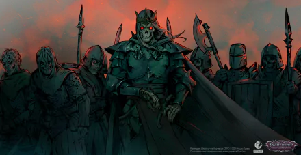 A haunting HD wallpaper from Pathfinder: Wrath of the Righteous, featuring a skeletal figure in armor amidst a group of ominous warriors under a dark, fiery sky.