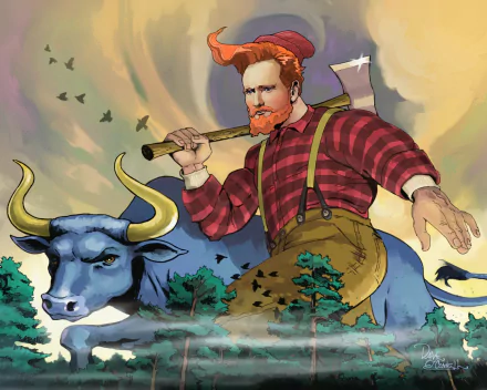 Animated character resembling a famous personality as a lumberjack with an axe, riding a bull in a whimsical forest-themed HD wallpaper.