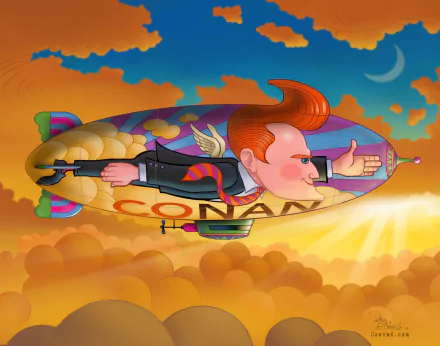 Cartoon illustration of a character resembling a late-night talk show host flying on a rocket-powered skateboard, HD desktop wallpaper with a colorful sunset sky background.