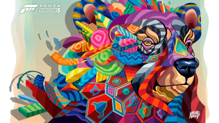 Colorful abstract bear illustration HD wallpaper for Forza Horizon 5 desktop background.