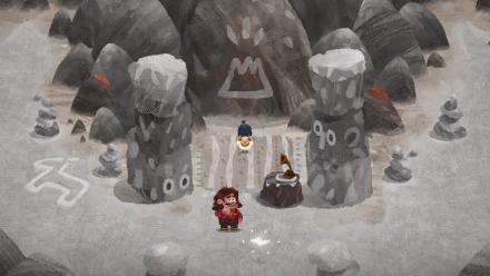 HD desktop wallpaper featuring a scene from the game Carto with a character in a whimsical, puzzle-like environment with stone figures.