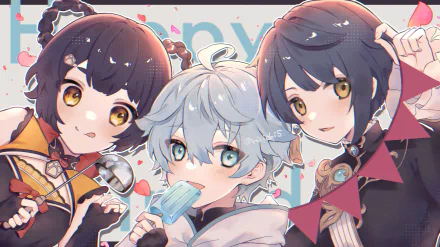 HD PC desktop wallpaper featuring Xiangling, Xingqiu, and Chongyun from the video game Genshin Impact in vibrant, detailed anime style.