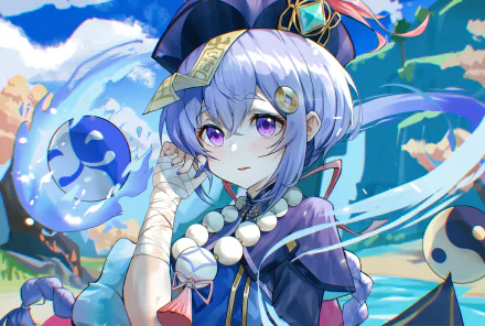 HD PC desktop wallpaper featuring Qiqi from the video game Genshin Impact, showcasing her in a vibrant, detailed anime-style background.