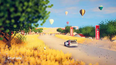 HD desktop wallpaper featuring Art of Rally game with a car racing on a scenic track with hot air balloons in the sky.