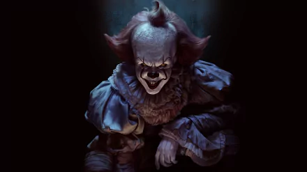HD PC desktop wallpaper featuring Pennywise, the terrifying clown from the 2017 movie It, set against a dark, eerie background.