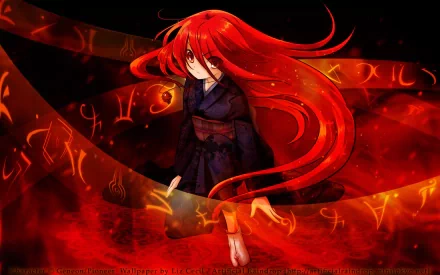 HD desktop wallpaper featuring a character from the anime Shakugan No Shana, showcasing vibrant red hair and an intense backdrop of mystical symbols and fiery colors.