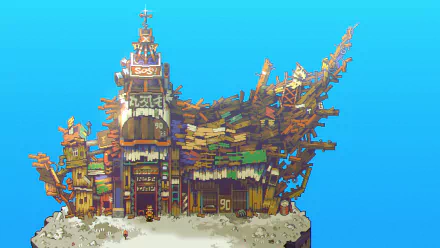 HD desktop wallpaper featuring the whimsical, detailed artwork of a building from the game Eastward, set against a clear blue background.