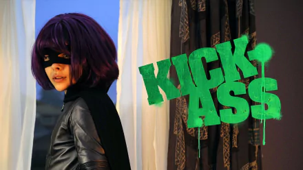 HD desktop wallpaper featuring Hit-Girl from the movie Kick-Ass, portrayed by Chloë Grace Moretz, with the bold green Kick-Ass logo in the background.