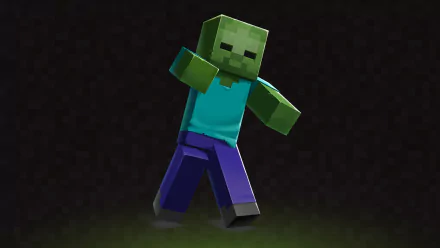 HD PC desktop wallpaper of the video game Minecraft: Dungeons — a blocky zombie in a teal shirt and purple pants against a dark, textured background.
