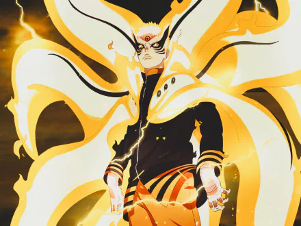 HD PC desktop wallpaper of Naruto Uzumaki in Baryon Mode from Boruto anime, glowing golden chakra and cloak-like energy wings surrounding him.