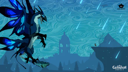 4K Ultra HD Genshin Impact wallpaper featuring Venti and Dvalin against a swirling blue sky with city silhouettes in the background.