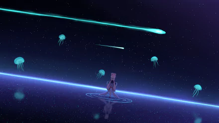 HD desktop wallpaper of Sangonomiya Kokomi from Genshin Impact standing under a night sky with glowing jellyfish and shooting stars.