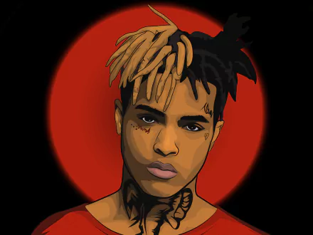 HD PC desktop wallpaper featuring a stylized portrait of rapper XXXTentacion against a bold red circular background, highlighting music and urban culture.