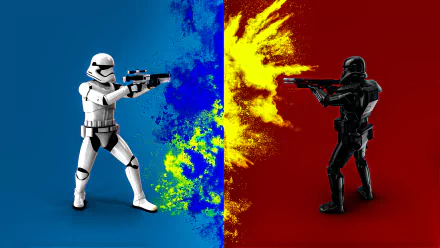 4K Ultra HD Star Wars desktop wallpaper featuring a white stormtrooper and a black dark trooper aiming blasters, separated by a vibrant blue and red splash background.