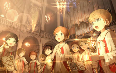 Anime-style children singing in a grand, ornate architectural interior, illuminated by warm chandeliers, captured in a high-definition desktop wallpaper.