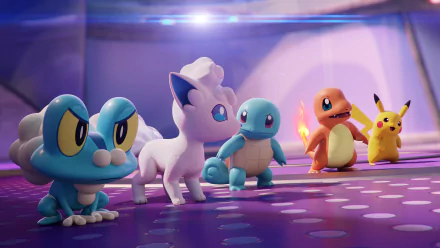 4K Ultra HD wallpaper featuring Squirtle, Charmander, Pikachu, and other Pokémon characters from the video game Pokémon UNITE in a vibrant, colorful setting.