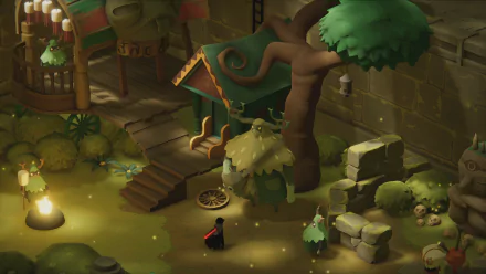 HD desktop wallpaper of Death's Door game featuring a small crow character in a mystical, dimly lit garden with oversized greenery and structures.