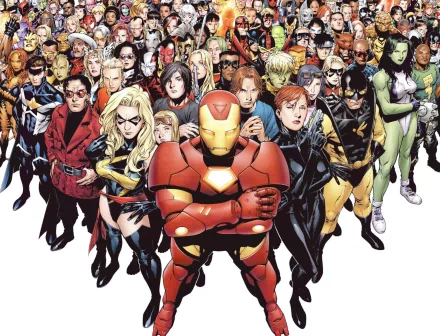 HD desktop wallpaper featuring a vibrant assembly of Marvel Comics superheroes, including Iron Man at the forefront, surrounded by various other characters against a white background.