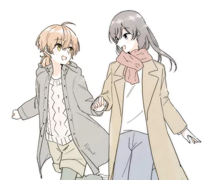 HD anime desktop wallpaper featuring Touko Nanami and Yuu Koito from Bloom into You, holding hands and dressed in cozy winter outfits.
