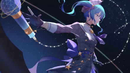 A captivating HD wallpaper featuring Hoshimachi Suisei, a virtual YouTuber from Hololive, illustrated in an enchanting anime style with vibrant blues and starry accents.