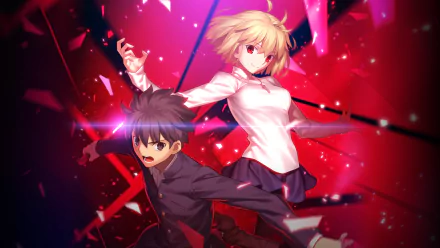 HD Melty Blood: Type Lumina wallpaper featuring dynamic artwork of two animated characters ready for battle against a vivid red background.