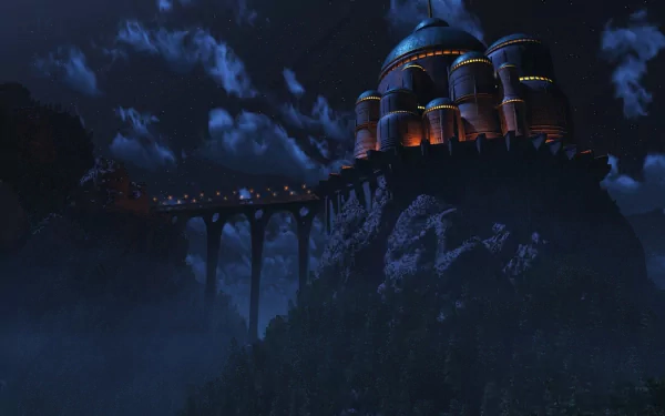 A high-definition wallpaper showing a fantasy city perched atop a mountain, illuminated against a starry night sky. A bridge connects the fortress-like structure to another rocky outcrop.