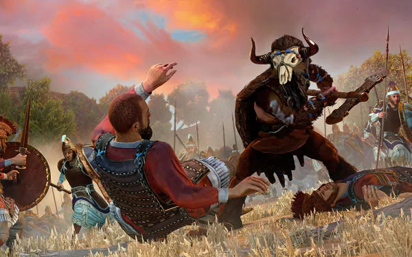 HD desktop wallpaper featuring a battle scene from A Total War Saga: TROY with warriors in combat under a dramatic sky.