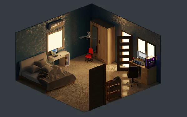 bedroom artistic room isometric HD Desktop Wallpaper | Background Image