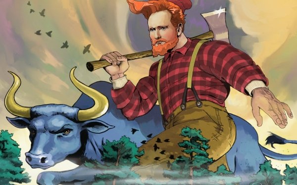 Animated character resembling a famous personality as a lumberjack with an axe, riding a bull in a whimsical forest-themed HD wallpaper.