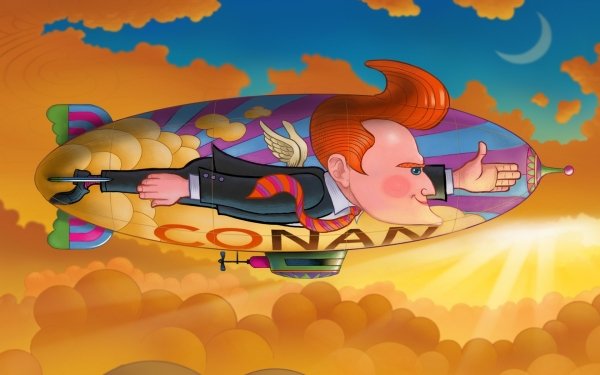 Cartoon illustration of a character resembling a late-night talk show host flying on a rocket-powered skateboard, HD desktop wallpaper with a colorful sunset sky background.