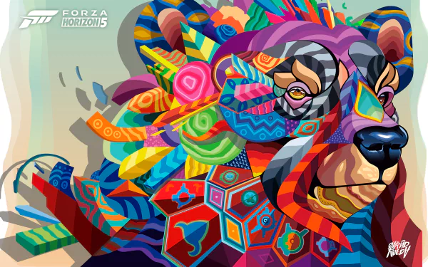 Colorful abstract bear illustration HD wallpaper for Forza Horizon 5 desktop background.