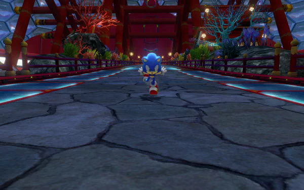 Sonic the Hedgehog runs down a cracked stone path in a vibrant, detailed 4K Ultra HD scene from the video game Sonic Colors: Ultimate.