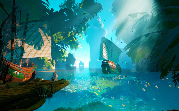A vibrant fantasy ship sails through a mystical, sunlit tropical bay with lush greenery, rendered in stunning 4K Ultra HD as a PC desktop wallpaper and background.