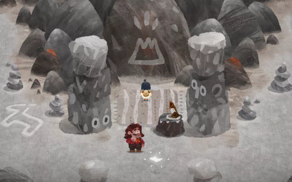 HD desktop wallpaper featuring a scene from the game Carto with a character in a whimsical, puzzle-like environment with stone figures.