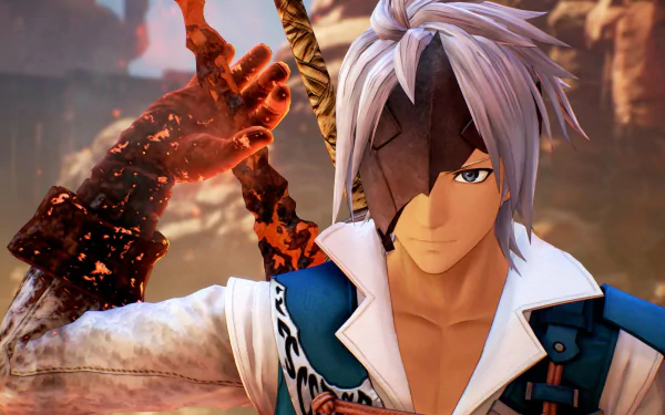 HD desktop wallpaper featuring a character from Tales of Arise with a dynamic combat scene in the background.