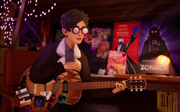 HD desktop wallpaper featuring a character from The Artful Escape game playing a guitar in a cozy, dimly lit room adorned with festive lights and posters.