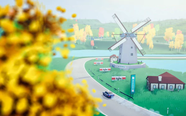 HD desktop wallpaper featuring Art of Rally game with a vibrant scenic landscape including a windmill, rally car, and colorful trees.