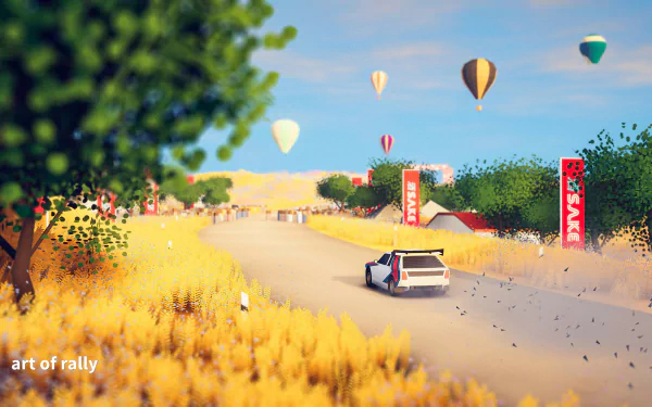 HD desktop wallpaper featuring Art of Rally game with a car racing on a scenic track with hot air balloons in the sky.