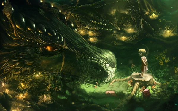 Fantasy HD desktop wallpaper featuring a majestic dragon and a young person standing on a rock, surrounded by an enchanted, glowing forest.
