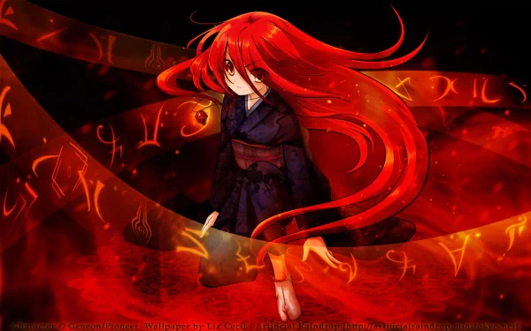 HD desktop wallpaper featuring a character from the anime Shakugan No Shana, showcasing vibrant red hair and an intense backdrop of mystical symbols and fiery colors.