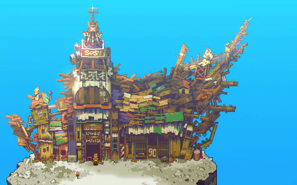 HD desktop wallpaper featuring the whimsical, detailed artwork of a building from the game Eastward, set against a clear blue background.