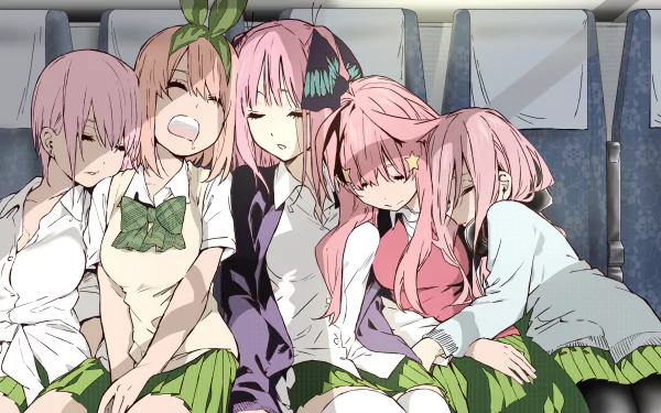HD anime wallpaper featuring Yotsuba, Miku, Ichika, and Nino Nakano from The Quintessential Quintuplets, all resting together with peaceful expressions.