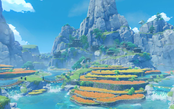 4K Ultra HD desktop wallpaper showcasing the scenic terraced fields and towering cliffs of Liyue from the video game Genshin Impact.