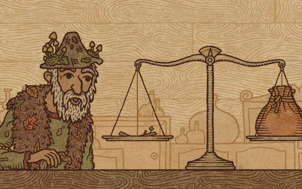 An intricately designed HD wallpaper from Potion Craft: Alchemist Simulator, featuring a bearded alchemist weighing ingredients on a scale against a detailed backdrop.