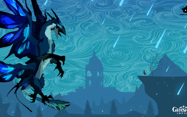 4K Ultra HD Genshin Impact wallpaper featuring Venti and Dvalin against a swirling blue sky with city silhouettes in the background.