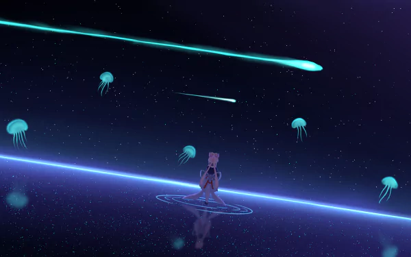 HD desktop wallpaper of Sangonomiya Kokomi from Genshin Impact standing under a night sky with glowing jellyfish and shooting stars.