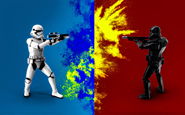 4K Ultra HD Star Wars desktop wallpaper featuring a white stormtrooper and a black dark trooper aiming blasters, separated by a vibrant blue and red splash background.